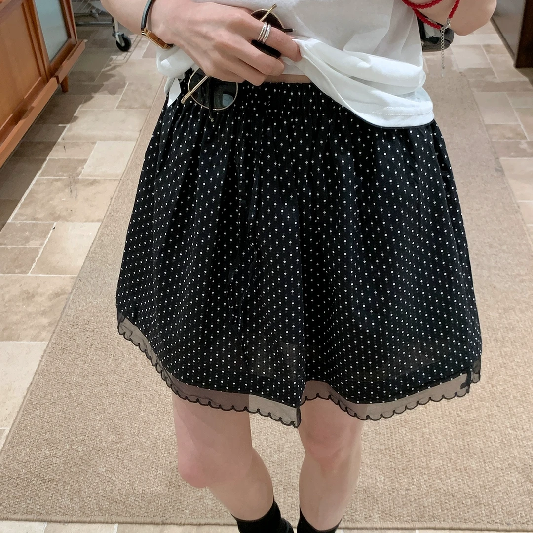 【黑色波点拼纱花边松紧腰半身短裙】女2025夏新高腰显瘦A字短裙