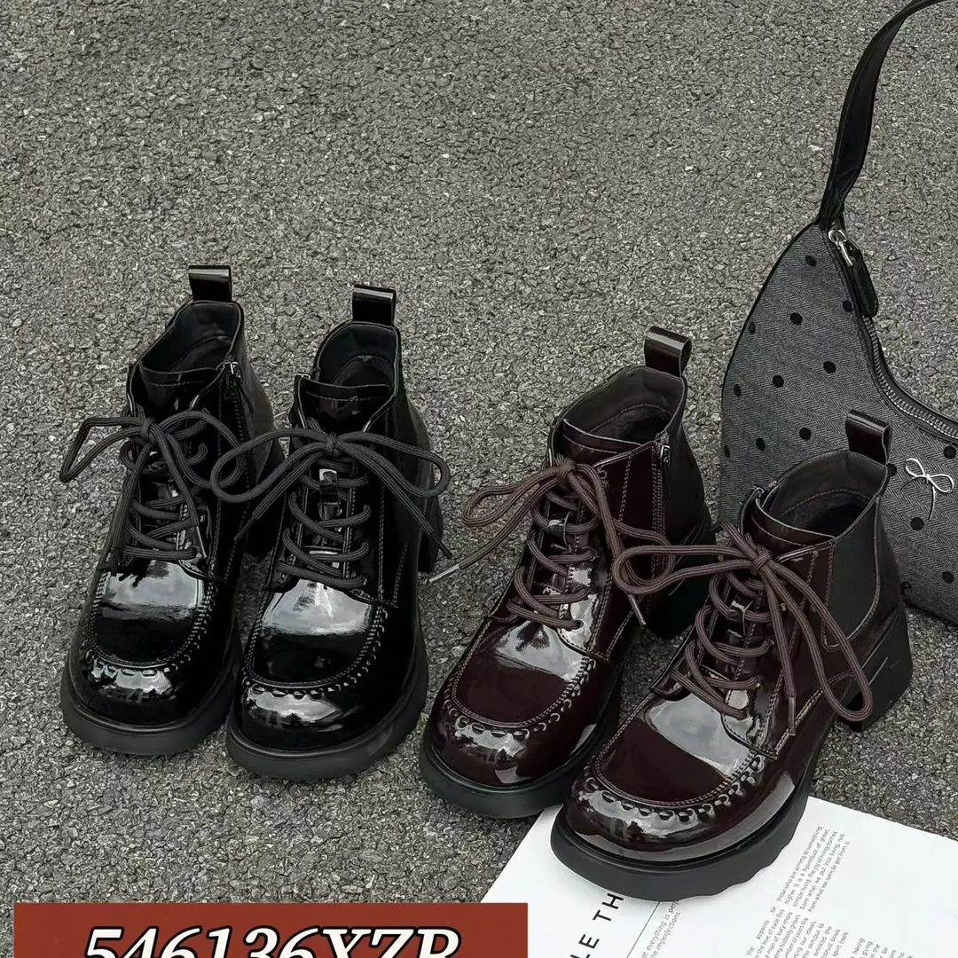 英伦风真皮漆皮厚底加绒马丁靴女秋冬系带圆头粗跟短筒百搭女靴