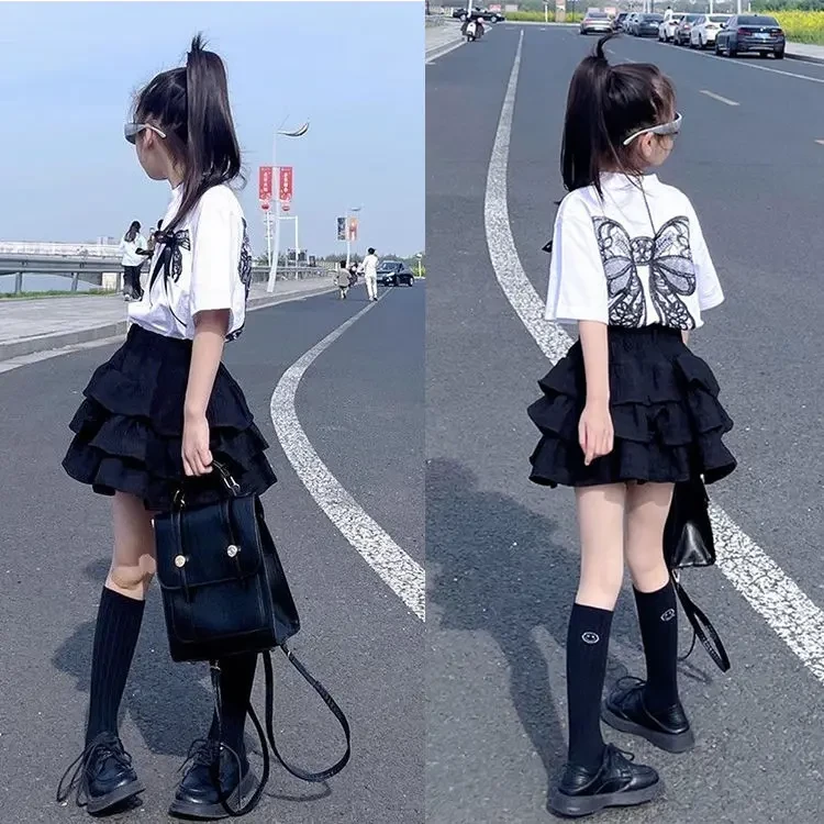 女童夏季套装2025新款蛋糕裙洋气儿童短袖T恤时髦百褶短裙两件套8