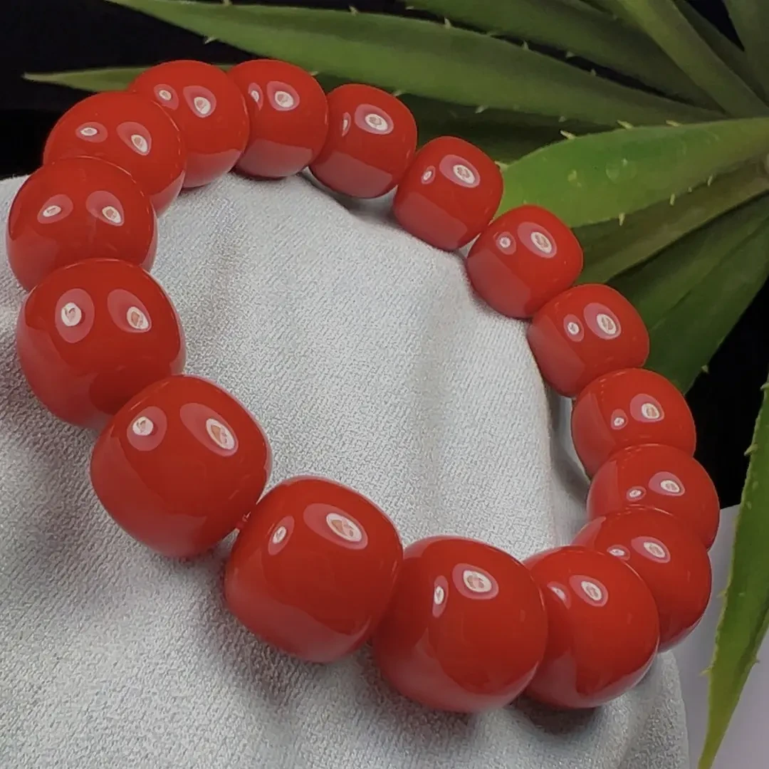 永昌原矿南红卡13+mm大尺寸满色满肉锦红老型手串收藏级精品