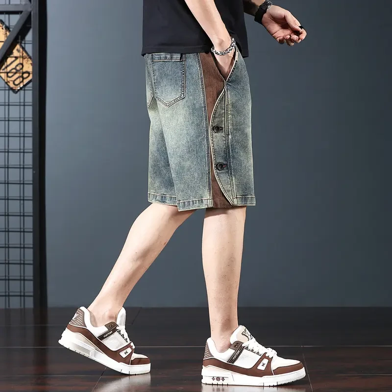 美式复古牛仔短裤男2025新款潮牌五分裤夏季重磅拼接工装休闲中裤