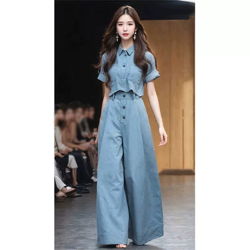 减龄穿搭一整套装夏装2025新款蓝色阔腿裤又a又飒今年流行的女装
