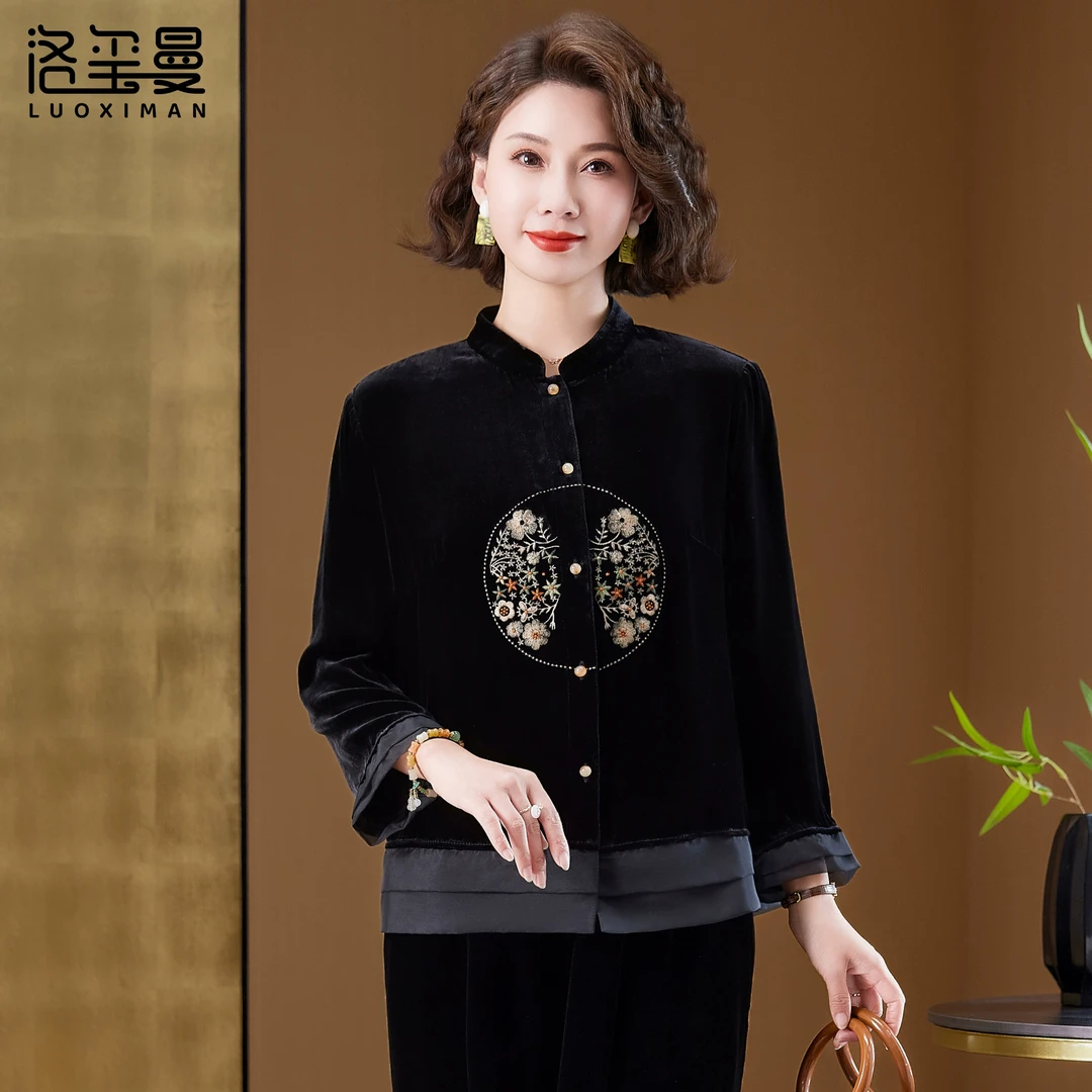 洛玺曼真丝丝绒长袖上衣复古重工刺绣女中老年新中式衬衫妈妈春装