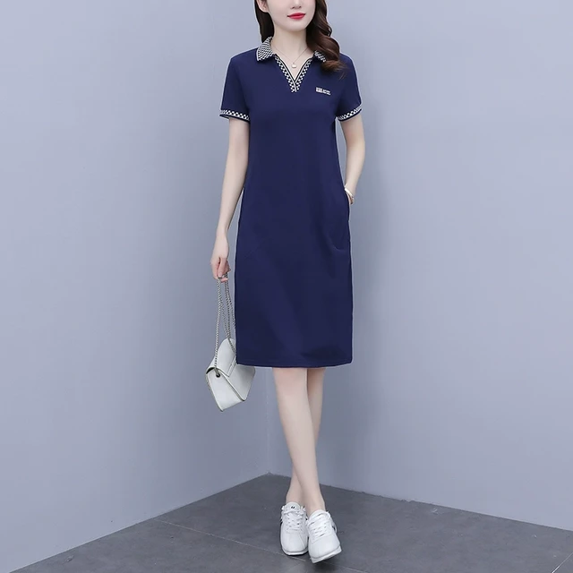 2025夏季新款连衣裙女polo领高级感显瘦气质休闲大码中长款T恤裙