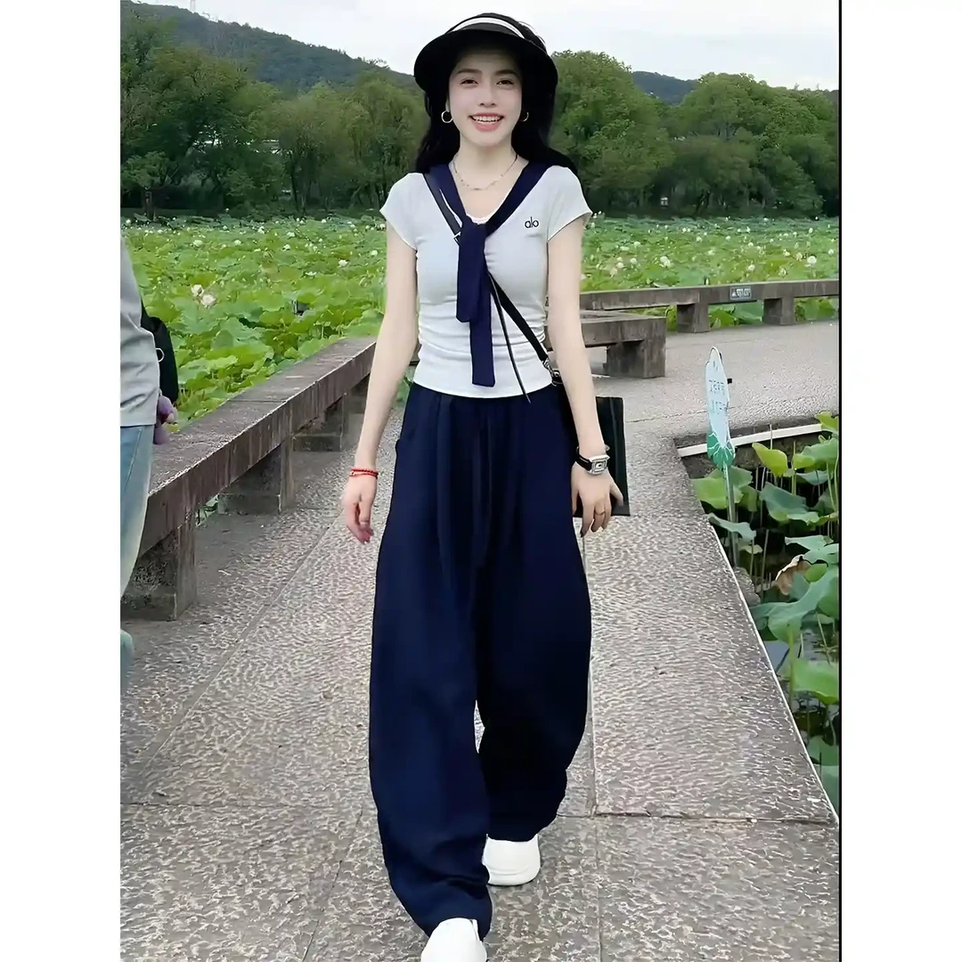 夏装巨好看一整套韩系设计感休闲 时髦炸街修身显瘦短袖阔腿裤套