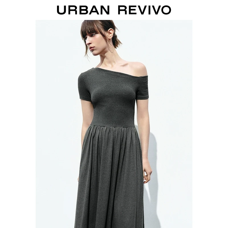 UR2025秋季新款女装气质斜肩领修身拼接连衣裙UWM750055