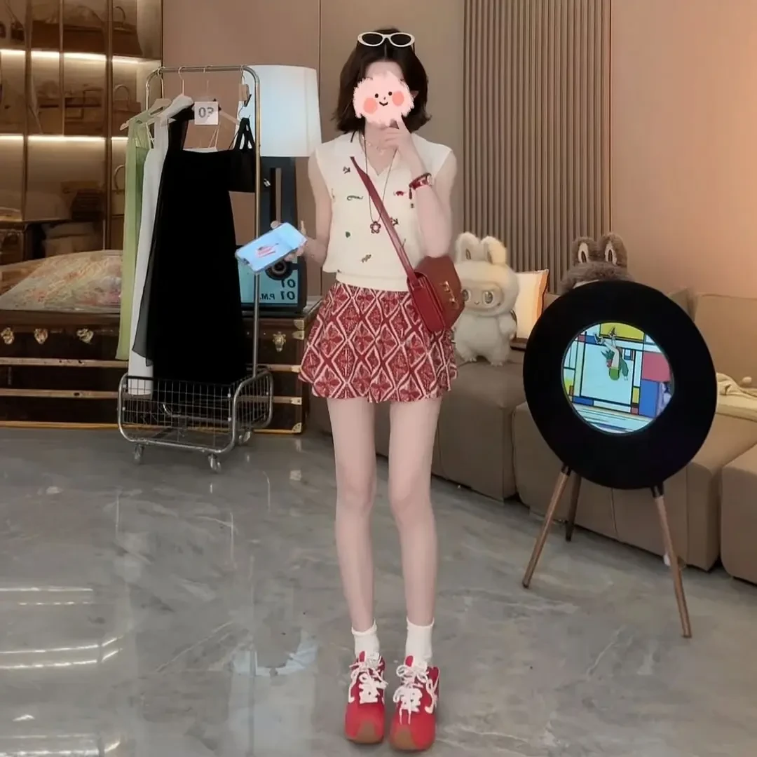 韩版夏季多巴胺服装女时尚洋气复古减龄无袖针织衫高腰短裙两件套