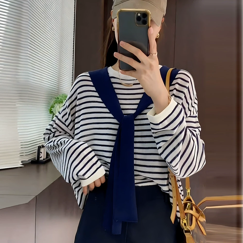 大码披肩条纹长袖T恤假两件上衣女春季新款胖mm显瘦内搭外穿上衣