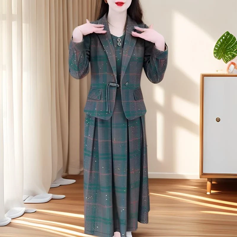 【外套＋连衣裙】两件套西装连衣裙女2025秋季新款遮肚子显瘦气质