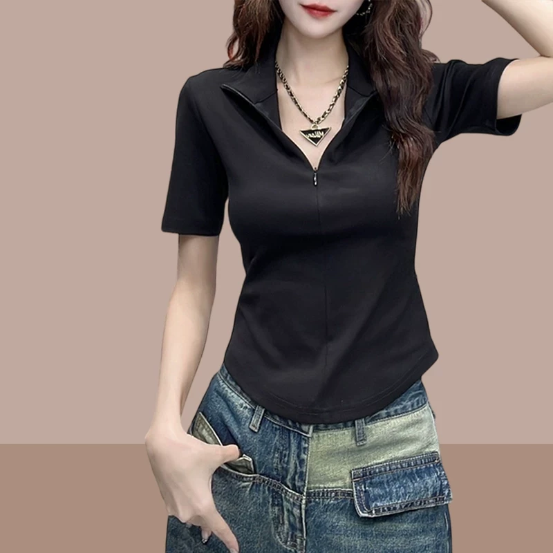 半拉链短袖t恤女2025夏季新款爆款修身显瘦不规则短款打底衫上衣
