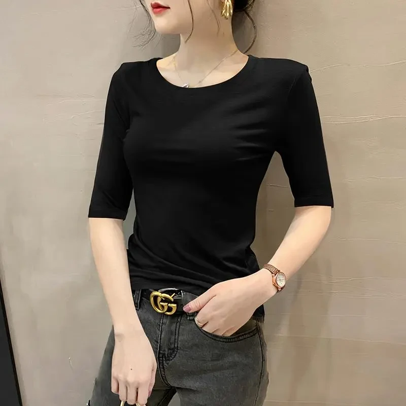 小圆领中袖T恤女紧身百搭正肩洋气内搭上衣纯黑色半袖韩版打底衫