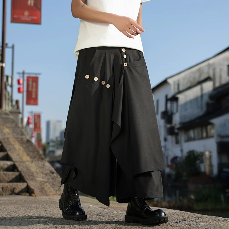 设计感小众高级感西裤男不规则拼接假两件九分裤新中式黑武士裙裤