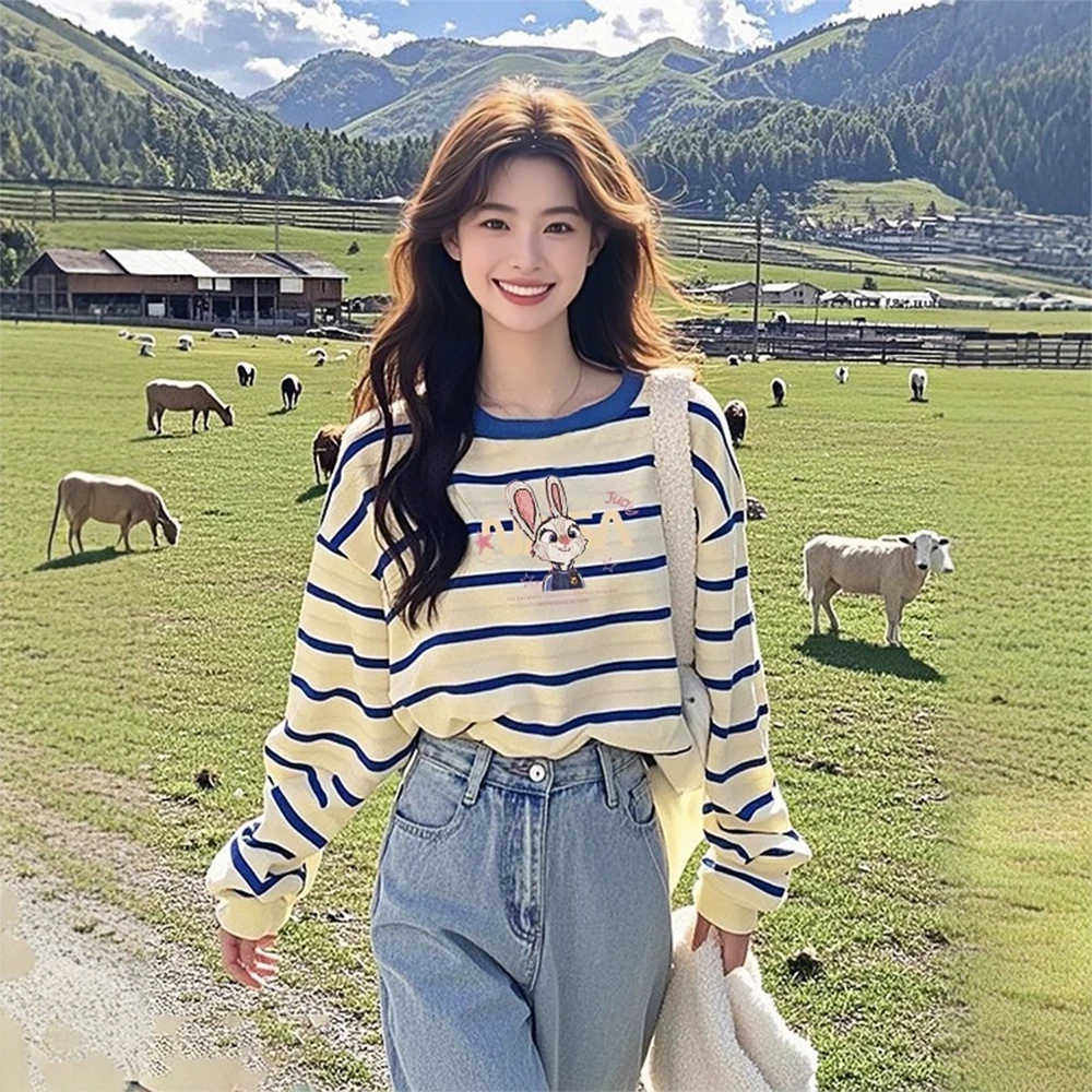 撞色条纹印花防晒长袖罩衫T恤女新款春季独特超好看单穿上衣