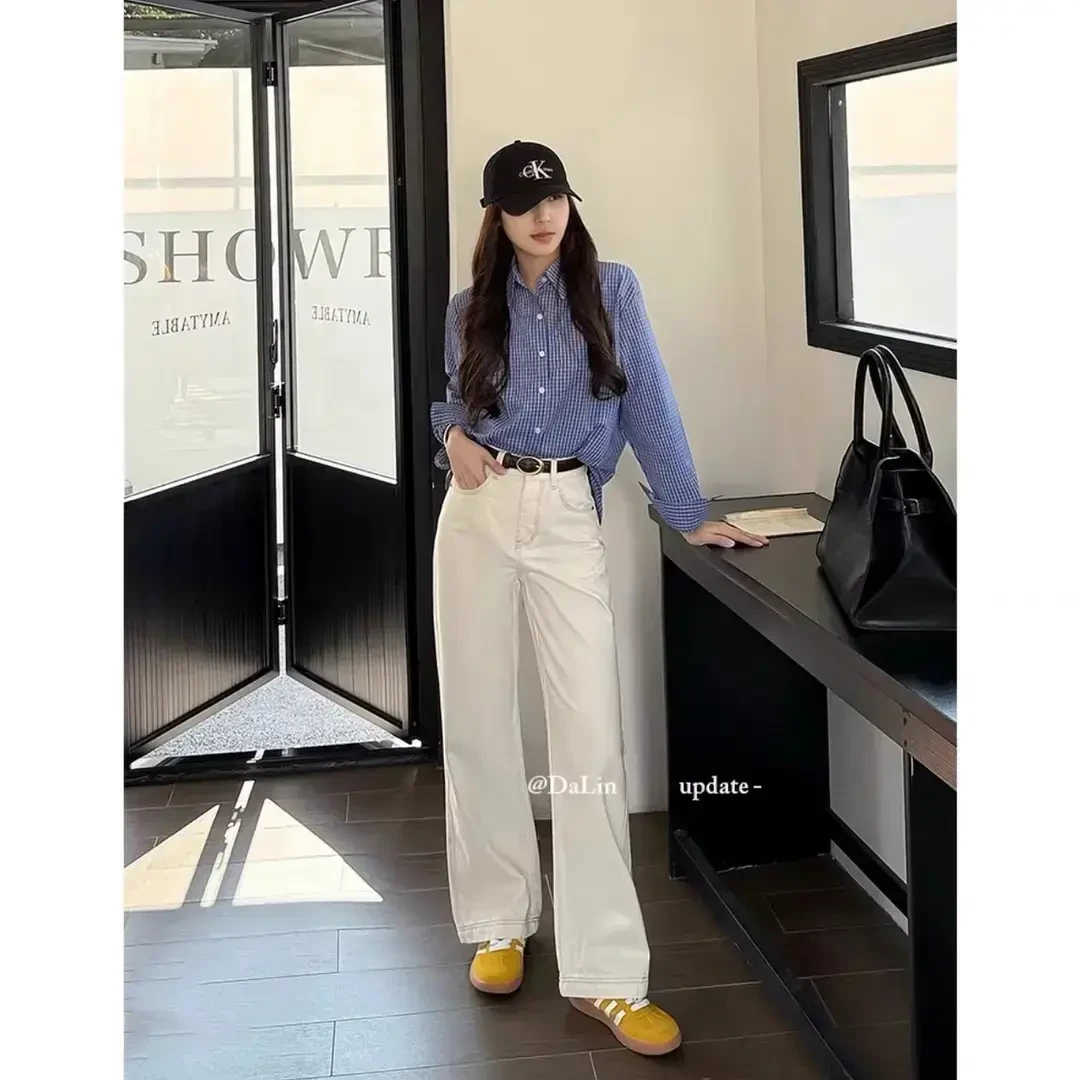 【送腰带+运费险】米杏色高腰牛仔裤女休闲宽松显瘦窄版直筒阔腿裤