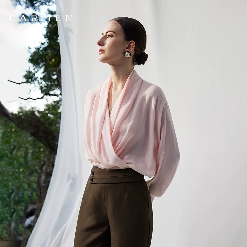 Carmen高端品牌进口面料V领衬衫女长袖25早春法式设计感收腰上衣
