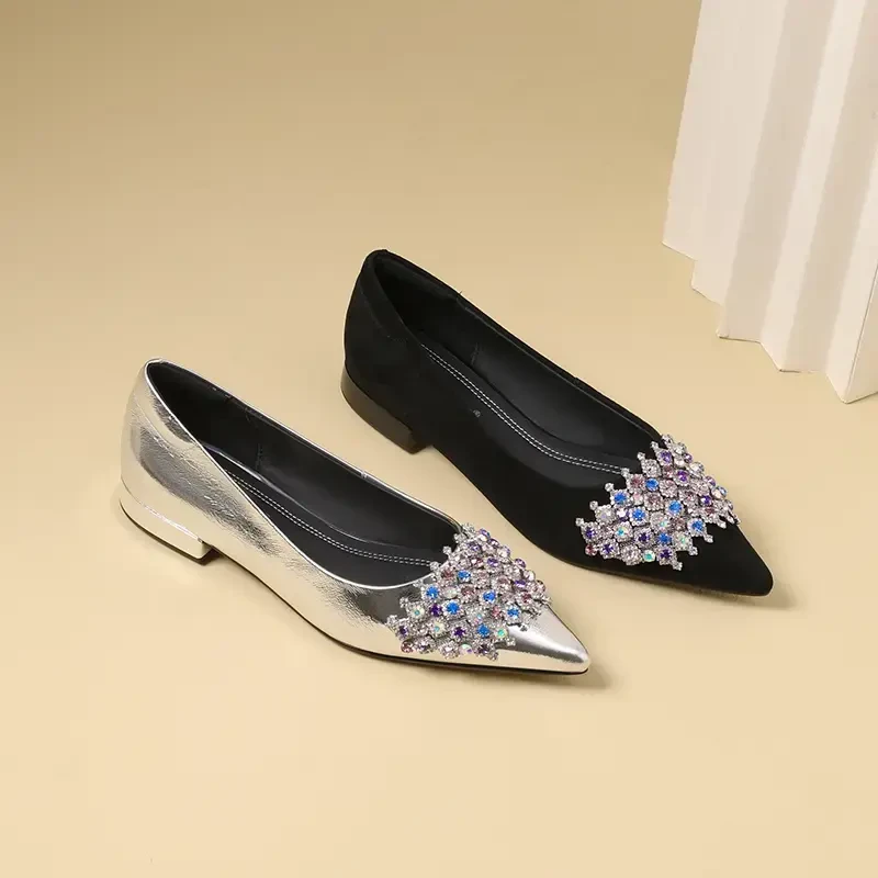 AMEINOR2025夏季新款璀璨水钻尖头魅力精致时尚真皮浅口平底女鞋