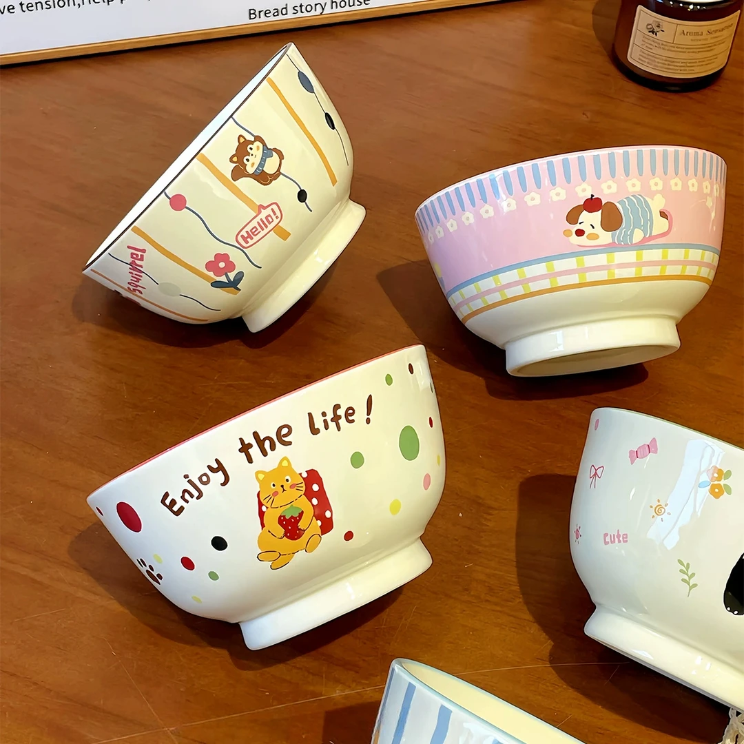 韩式卡通饭碗家用陶瓷碗釉下彩高颜值餐具ins风酸奶碗泡面碗好看