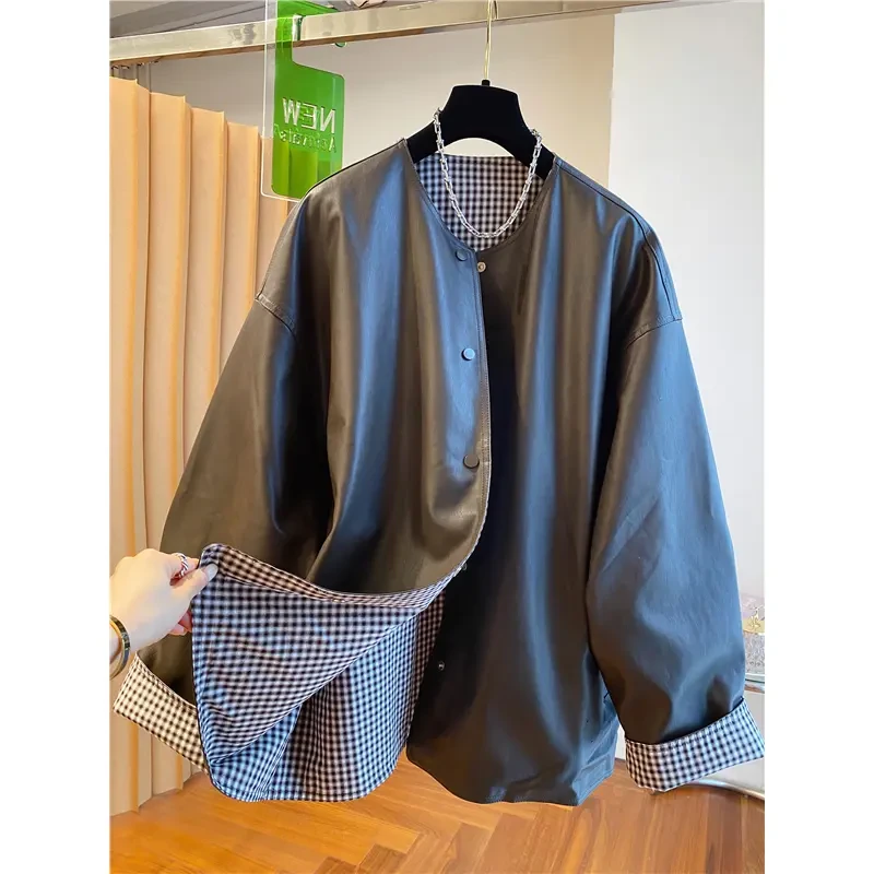 300斤特大码气质圆领中长款皮衣外套男女秋冬宽松休闲美拉德风衣