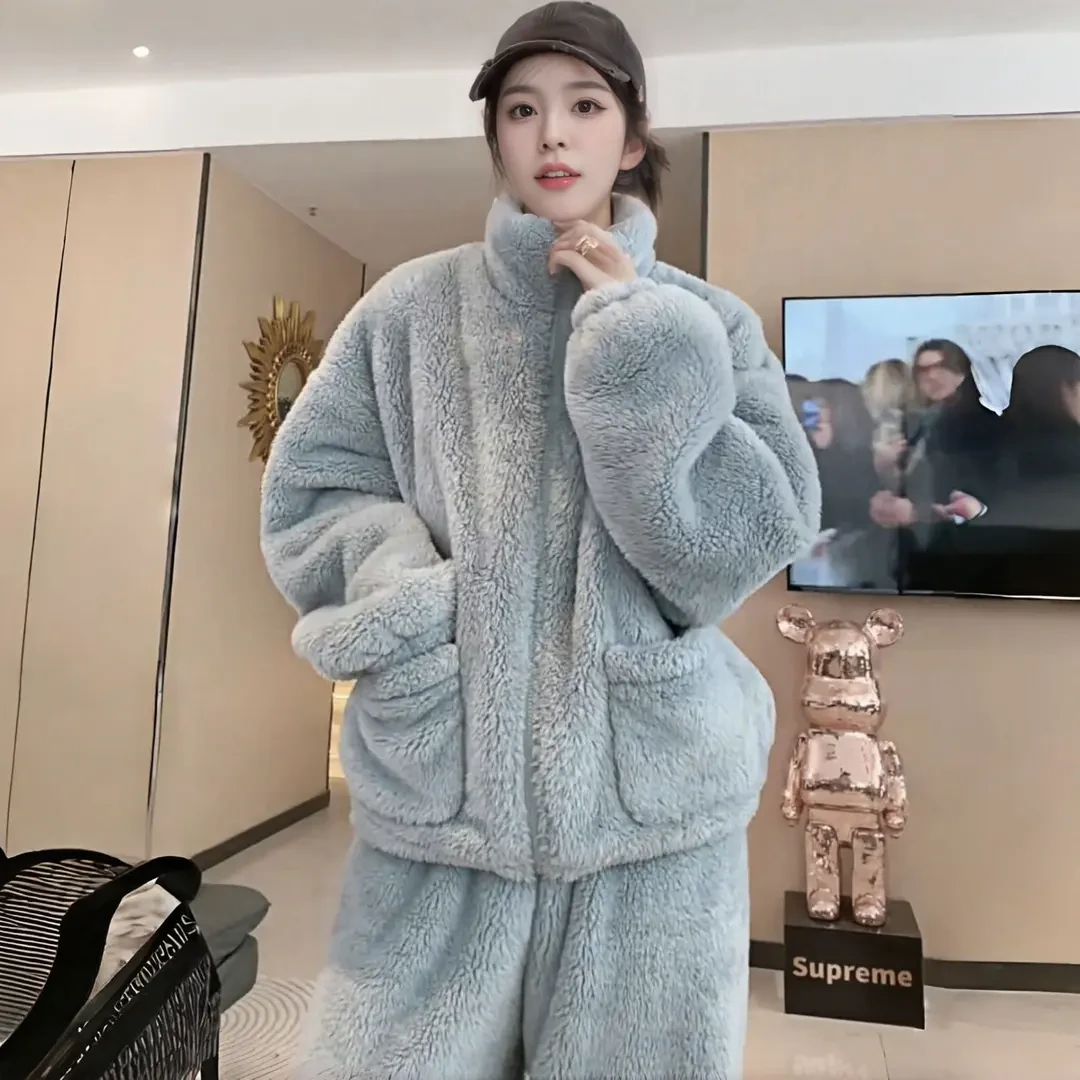 网红爆款家居服女冬加厚加绒保暖秋冬季珊瑚绒毛绒宽松睡衣女套装