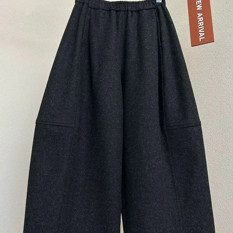 冬季松紧腰宽松直筒阔腿八分毛呢裤