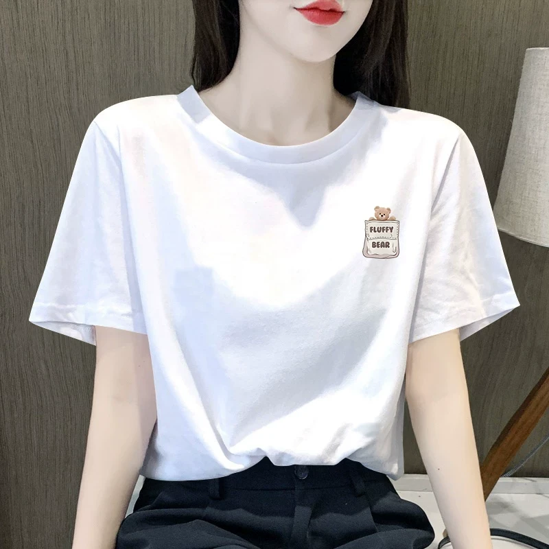 即墨白色纯棉短袖t恤女新款夏季洋气圆领印花小众半袖上衣体恤潮