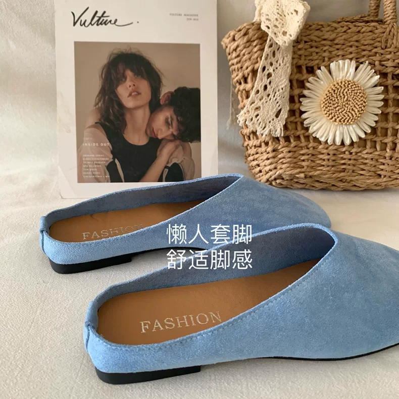 卡布里蓝~韩版磨砂绒面勃肯拖鞋气质温柔晚晚风凉鞋包头半拖ins女