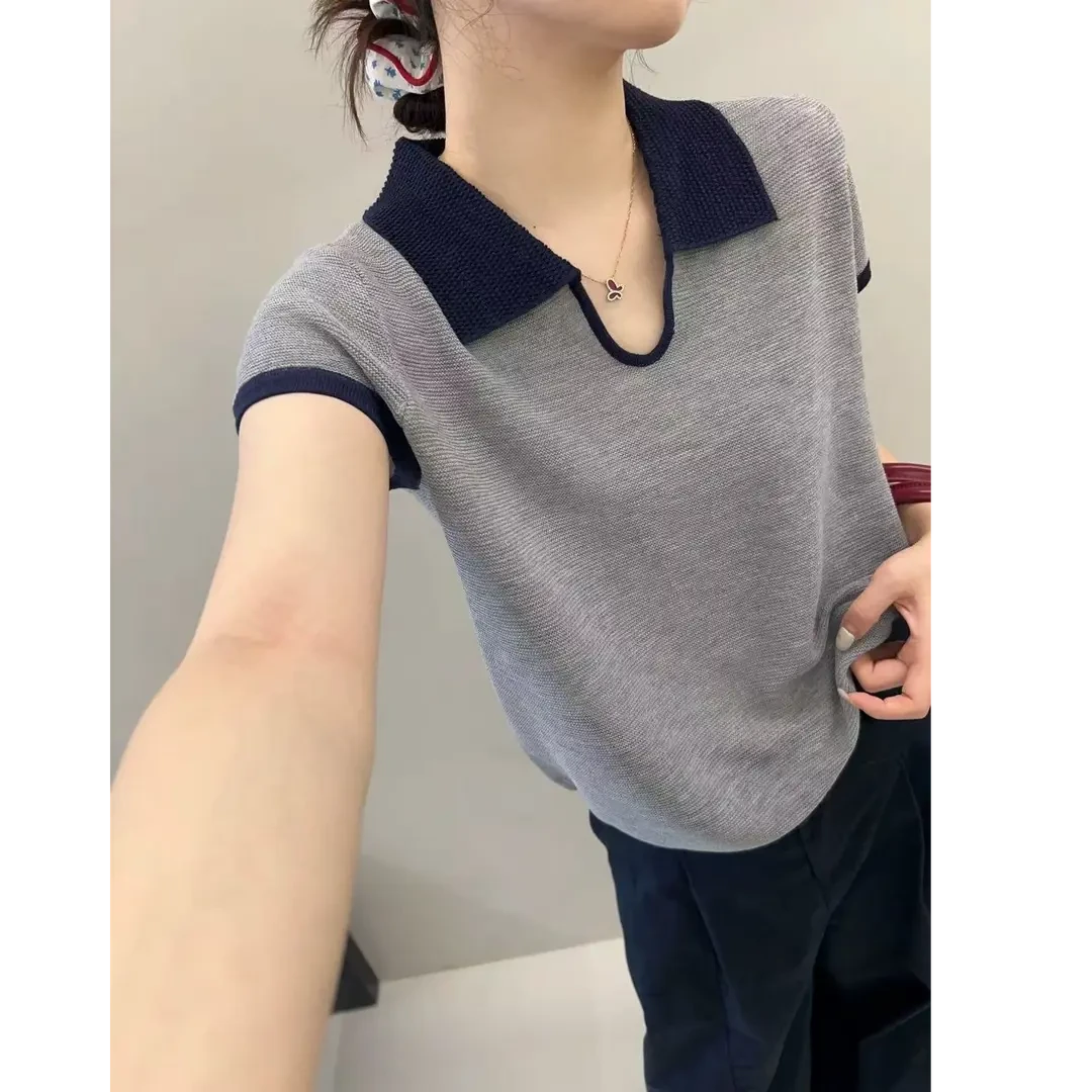 法式polo领撞色针织衫新款女2025夏季时尚设计感小众别致短款上衣