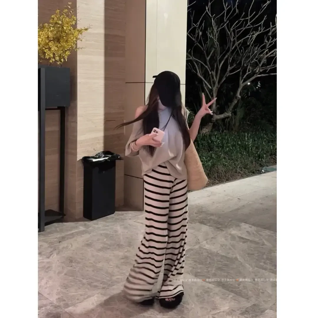 暴走高仙女175高个子冰凉感冰丝条纹裤子女夏慵懒拖地阔腿针织裤