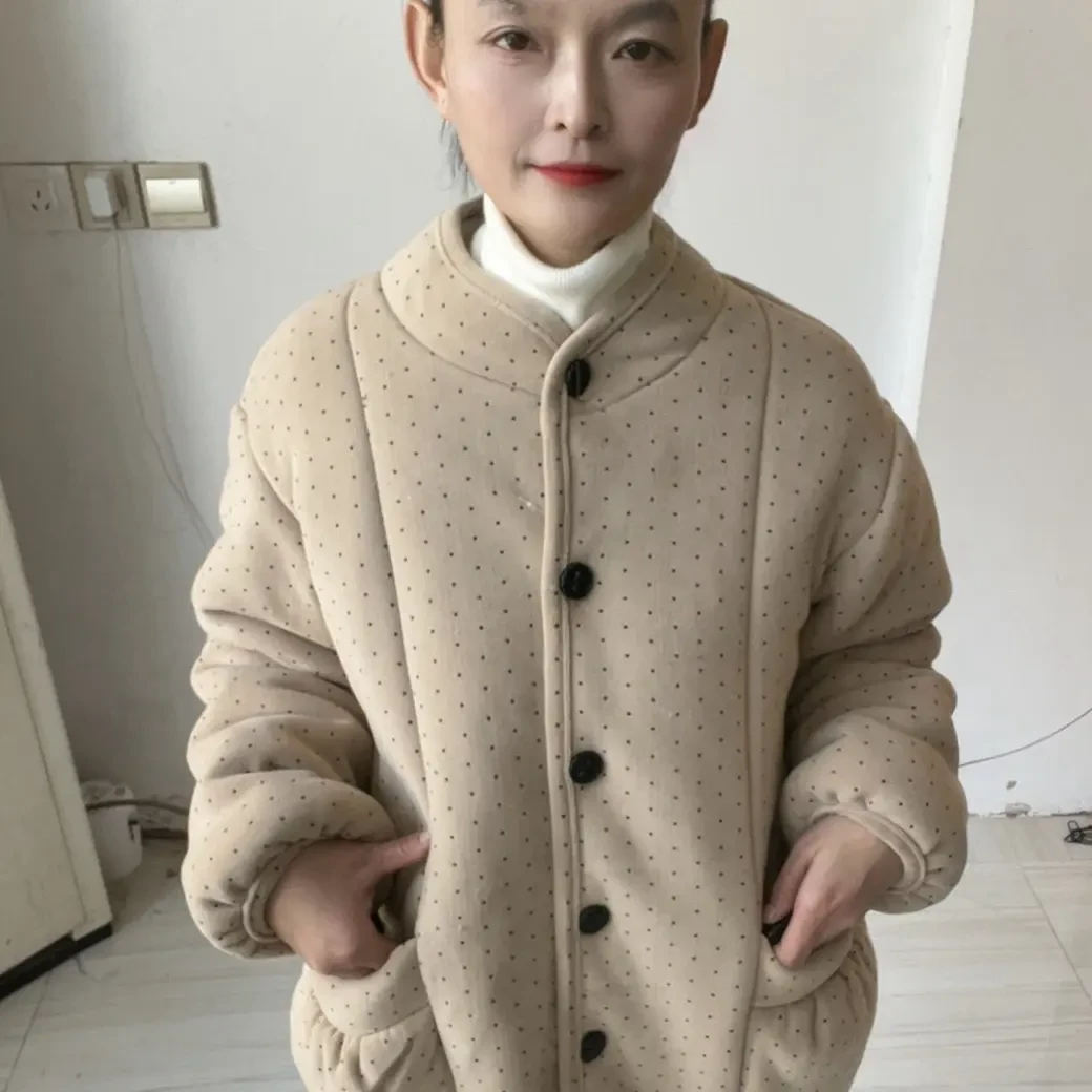 冬季女士三层加厚加绒立领纽扣可外穿保暖家居服单件上衣