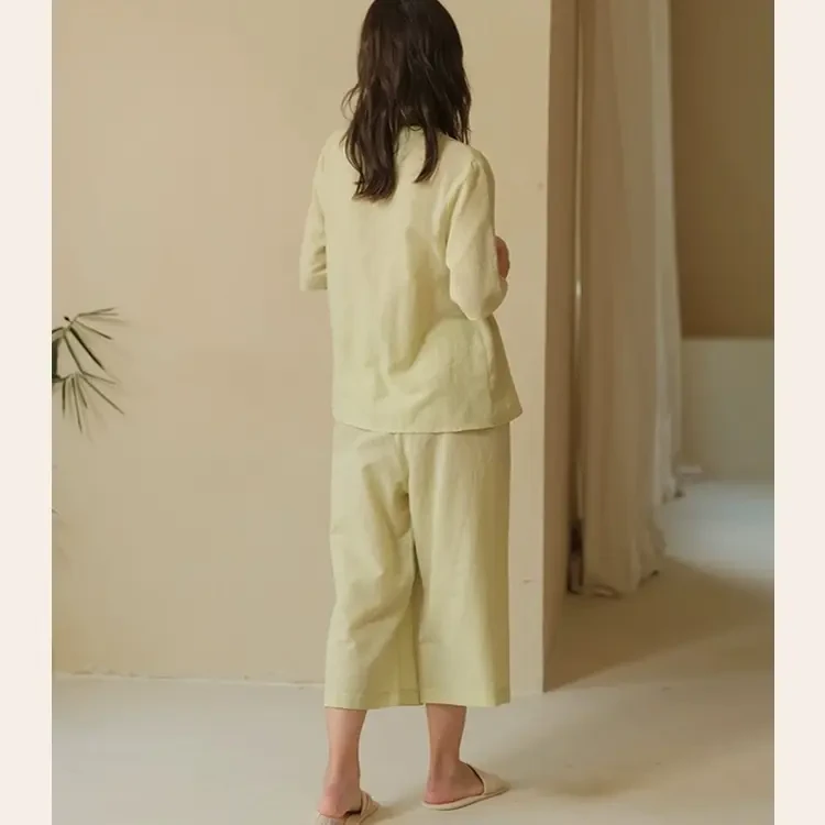 女士春夏新中式国风V领中袖纯棉茶服睡衣居家薄款套装夏季家居服