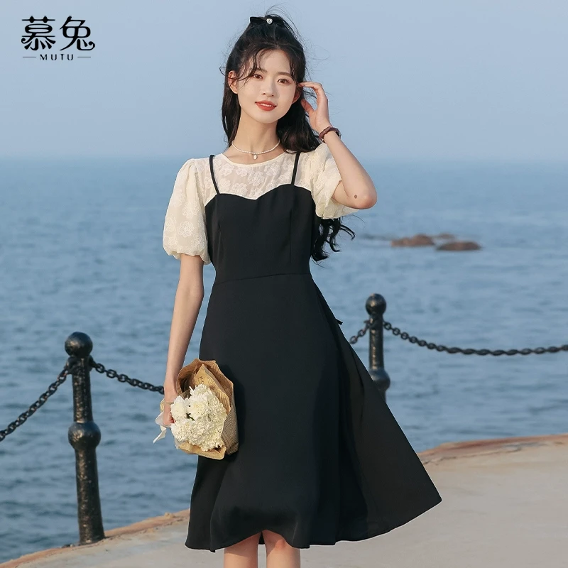慕兔假两件拼接连衣裙少女2024夏季新款法式泡泡袖设计感小众裙子