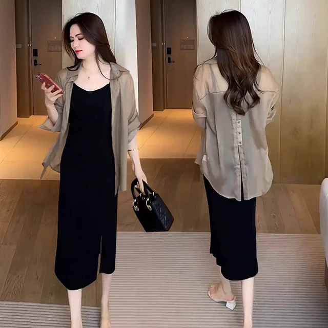 时尚洋气套装女夏新款今年流行气质显瘦防晒开衫吊带连衣裙两件套