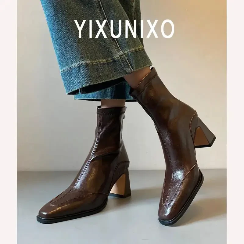 2025新款英伦风复古粗跟女靴韩版高跟方瘦瘦靴冬季加绒马丁短靴