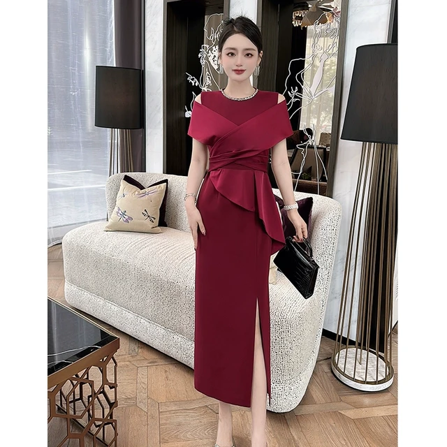 婚礼喜妈妈喜婆婆订钻领优雅修身酒红色礼服连衣裙大码春秋宴会裙