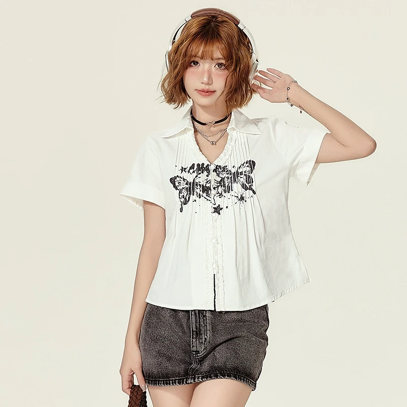 Girlyhalo美式复古印花短袖衬衫女夏季新款木耳边v领短款显瘦衬衣