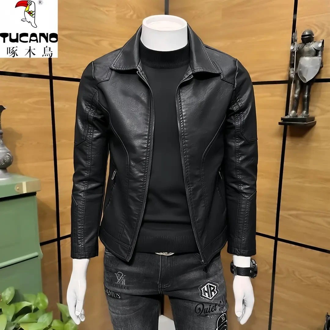 啄木鸟春秋海宁皮衣商务帅气男时尚休闲薄款潮流加绒修身翻领上衣