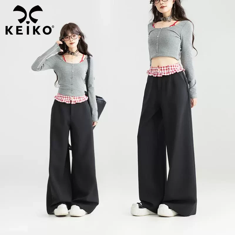 KEIKO宽松直筒休闲裤女25秋新款垂感爽滑黑色阔腿长裤牛仔裤女款