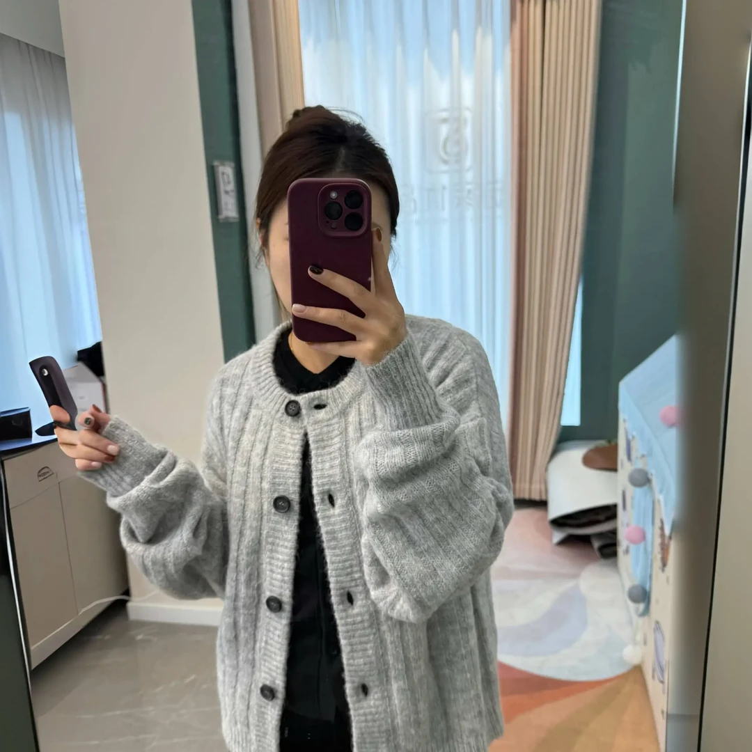 灰色麻花开衫宽松软糯立体麻花针织毛衣女外套春秋慵懒风