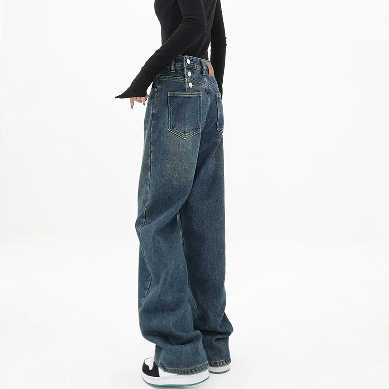 KEN STUDIO2025春秋新款复古蓝色牛仔裤女直筒宽松休闲裤裤子长裤