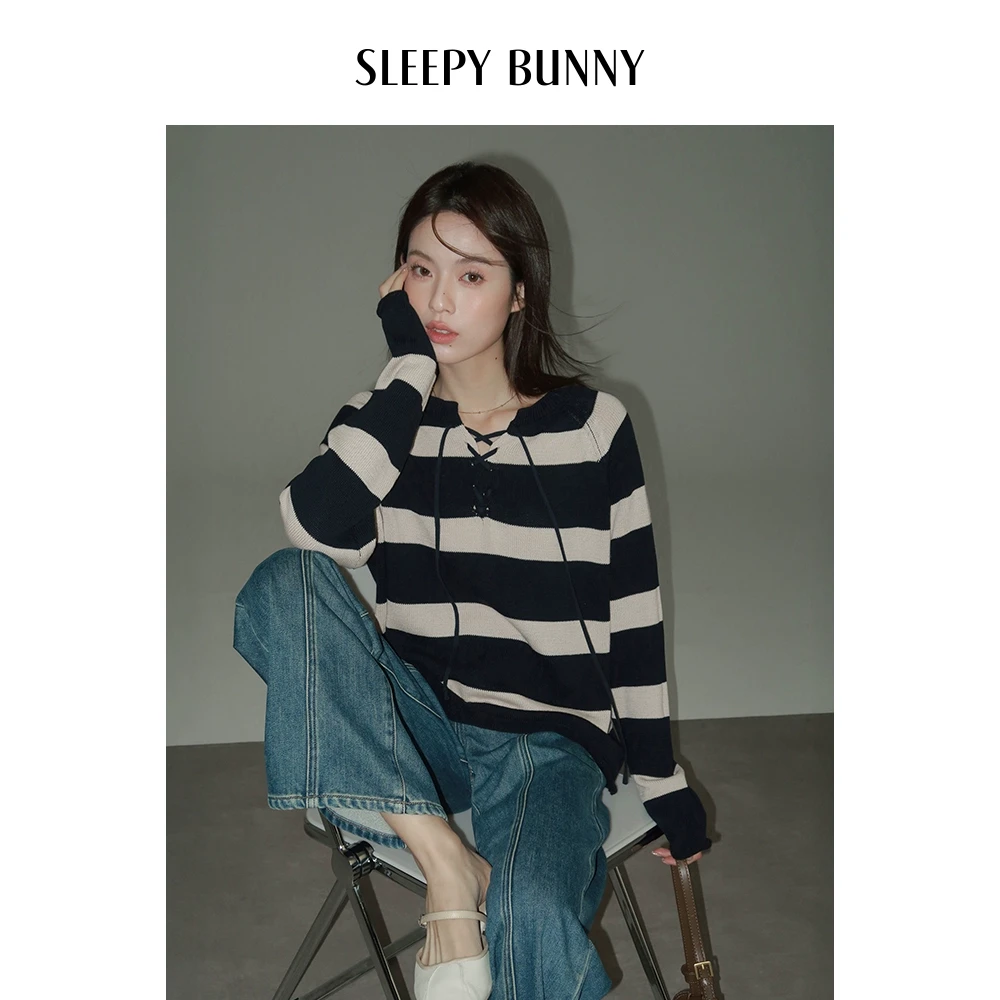 瞌睡兔 V领绑带撞色条纹针织衫女春季外穿慵懒宽松遮肉插肩袖上衣