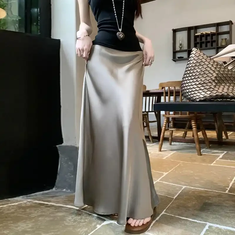 香槟色丝滑缎面醋酸半身裙女夏季高腰A字垂坠感气质鱼尾包臀长裙