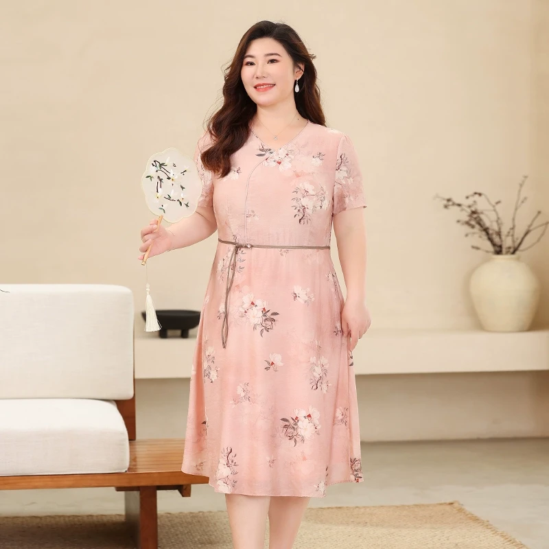 阔太太大码女装2025新款夏装雪纺连衣裙收腰过膝休闲裙子显年轻