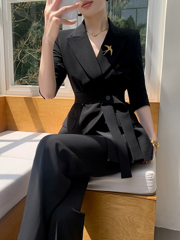 9631黑色炸街西装2024秋冬新款腰带修身显瘦商务休闲通勤套装