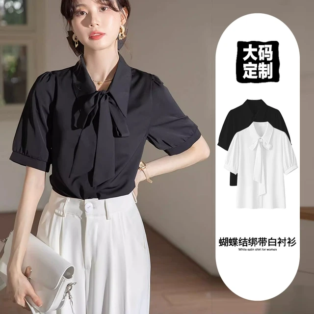 黑色短袖蝴蝶结飘带衬衫女夏季职业面试正装大码抗皱免烫通勤上衣