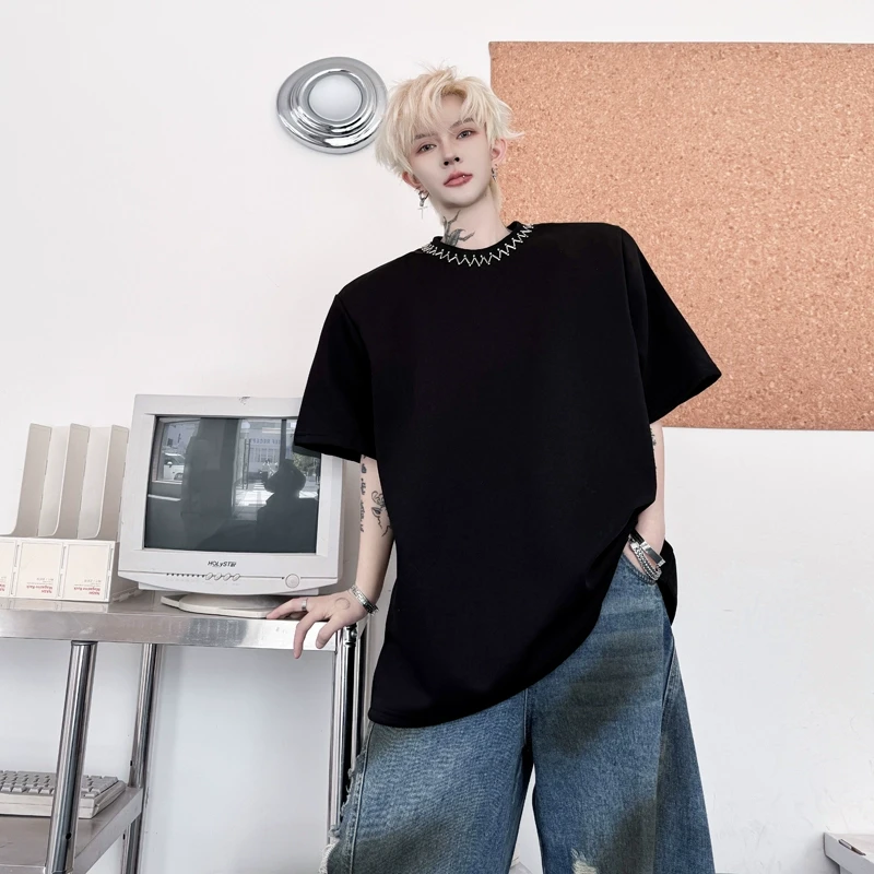 夏装暗黑系高街垫肩短袖T恤男小众领口钉珠装饰设计感重磅痞帅t