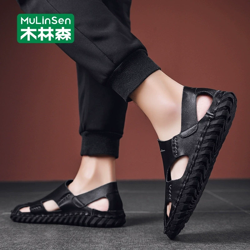 木林森包头凉鞋男款夏季外穿防滑涉水沙滩鞋男运动休闲开车皮凉拖