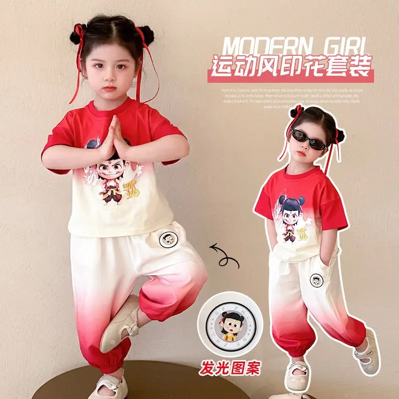 女童会发光哪吒渐变短袖套装儿童新款夏季宝宝洋气2025休闲两件套