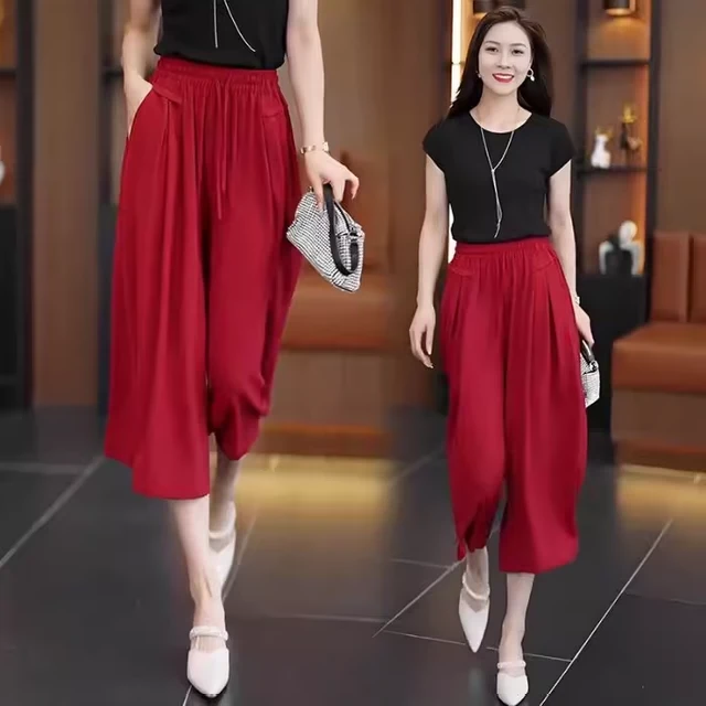 新款裙裤女2025夏季薄款冰丝阔腿裤子垂坠感高腰宽松休闲七分裤裙