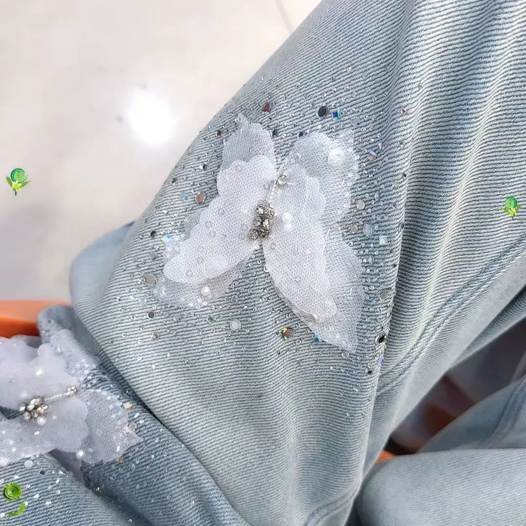 小倩女装 时尚休闲碎花闪钻加绒高腰阔腿牛仔裤秋冬新