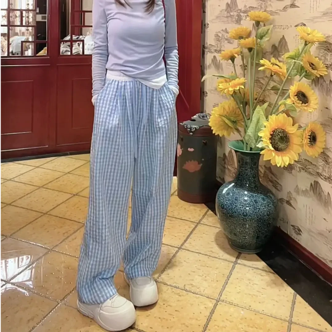 格子女春夏2025新款高腰宽松休闲山本裤直筒复古阔腿裤薄